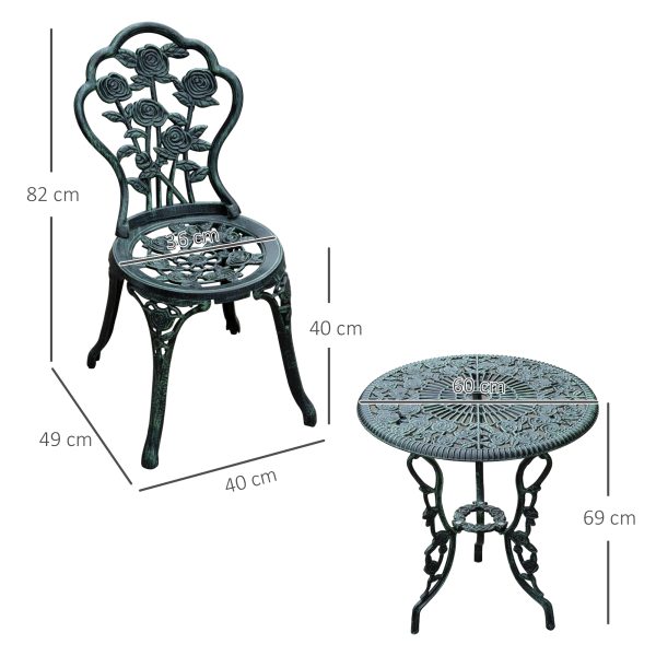 Outsunny Cast Aluminium Outdoor Patio Garden Bistro Elegant Design Table Chair Set - Green (3-Piece) - Image 3