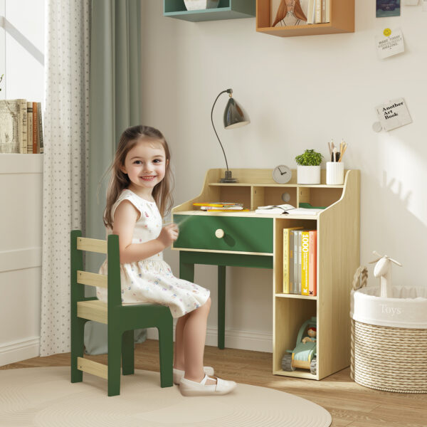 AIYAPLAY Kids Desk and Chair Set with Storage Shelves and Drawer, Green   Aosom UK - Image 2