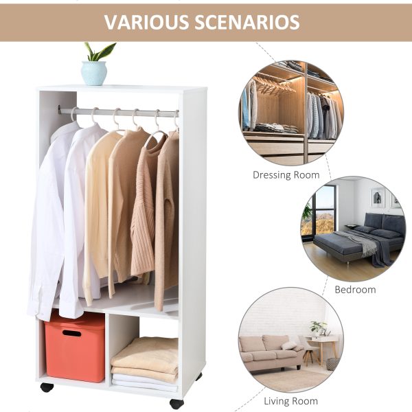 HOMCOM Open Wardrobe with Hanging Rod and Storage Shelves Mobile Garment Rack on Wheels Bedroom, Cloakroom, White - Image 7