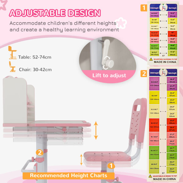 ZONEKIZ Height Adjustable Kids Study Table and Chair Set, with Drawer, Storage Shelf, 80 x 54.5 x 104 cm, Pink   Aosom UK - Image 6