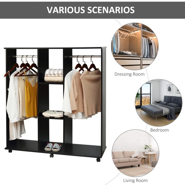 HOMCOM Double Mobile Open Wardrobe With Clothes Hanging Rails Storage Shelves Organizer Bedroom Furniture - Black   Aosom UK - Image 5