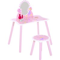 HOMCOM Kids Dressing Table Girls Pink Wooden Kids Dressing Table & Stool Make Up Desk Chair Toys Fairy Dresser Play Set w/Mirror   Aosom UK