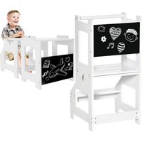 HOMCOM 2-in-1 Kids Step Stool, Toddler Table and Chair Set, with Safety Rail Chalkboard Kitchen Helper Standing Tower, White