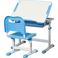 HOMCOM Kids Desk and Chair Set Height Adjustable Student Writing Desk Children Study Table w/ Desktop, Drawer, Pen Slot, Hook Blue   Aosom UK