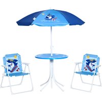 Outsunny Kids Picnic & Table Chair set, Outdoor Folding Garden Furniture w/ Shark Design, Adjustable Sun Umbrella, Ages 3-6 Years - Blue   Aosom UK