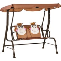 Outsunny 2-Seat Kids Canopy Swing, Children Outdoor Patio Lounge Chair, for Garden Porch, with Adjustable Awning, Seat Belt, Monkey Pattern, Coffee