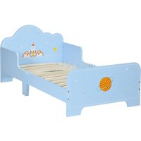 ZONEKIZ Toddler Bed with Rocket & Plants Patterns, Kids Bedroom Furniture, Safety Side Rails, Blue   Aosom UK