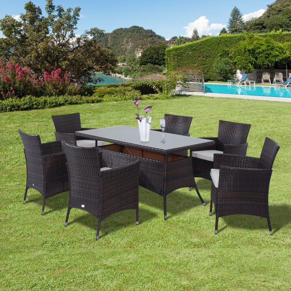 Outsunny 6-Seater Rattan Garden Furniture Dining Set 6-seater Patio Rectangular Table Cube Chairs Outdoor Fire Retardant Sponge Brown - Image 2