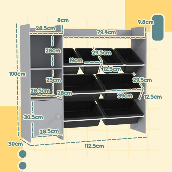 AIYAPLAY Toy Storage Unit with 8 Removable Bins, Storage Shelves, Cabinet, Grey - Image 3