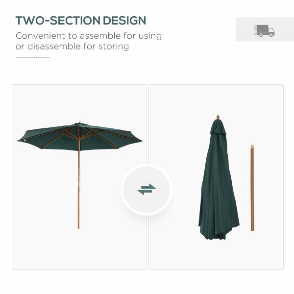 Outsunny 3(m) Wooden Patio Umbrella, Pulley Operated Garden Parasol with Rope Pulley Mechanism and 8 Ribs, Dark Green   Aosom UK - Image 6