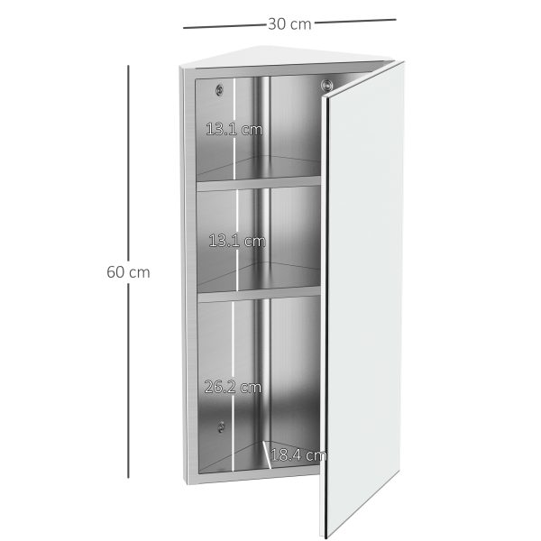 HOMCOM Stainless Mirror Cabinet, Steel Wall Mounted, Bathroom Corner Mirror Storage Cabinet, Single Door 300mm(W), Silver   Aosom UK - Image 3