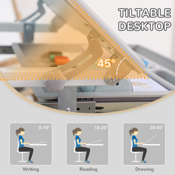 HOMCOM Kids Desk and Chair Set Height Adjustable Student Writing Desk Children School Study Table with Tiltable Desktop, Grey - Image 7