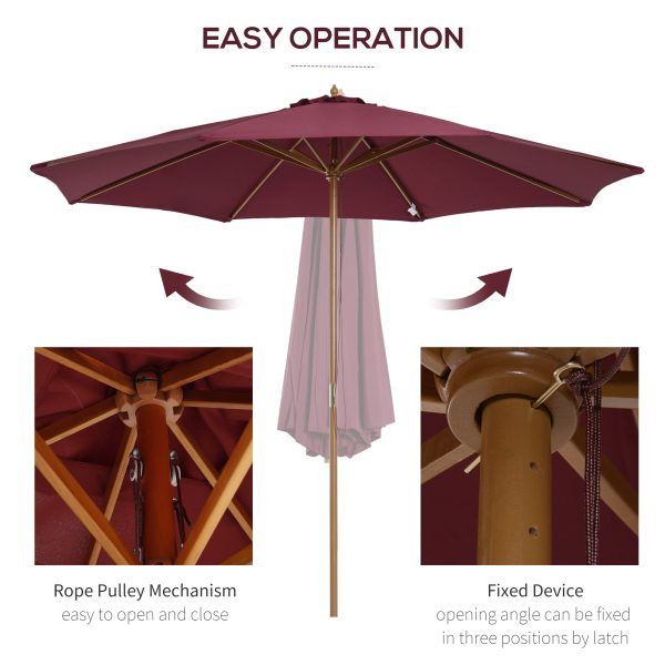 Outsunny ⌀3m Bamboo Wooden Market Patio Umbrella Garden Parasol Outdoor Sunshade Canopy, 8-ribs,Wine Red - Image 4