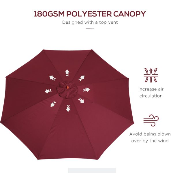 Outsunny ⌀3m Bamboo Wooden Market Patio Umbrella Garden Parasol Outdoor Sunshade Canopy, 8-ribs,Wine Red - Image 5