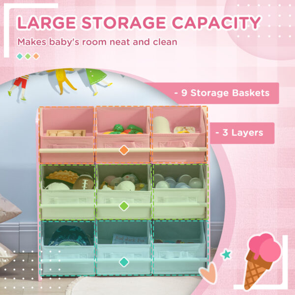 ZONEKIZ 3-Tier Storage Rack Toy Storage Organizer with 9 Removable Bins & Smooth Edges, for Playroom, Nursery and Kids Room, Pink   Aosom UK - Image 4