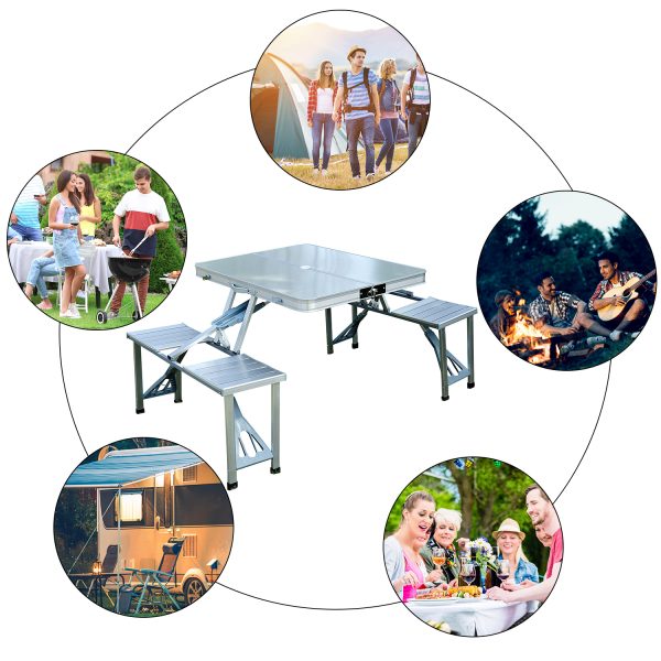 Outsunny Folding Camping Table and Chairs Set, Portable Picnic Table with Stools, Aluminium Outdoor Garden BBQ Party Field Kitchen - Image 7