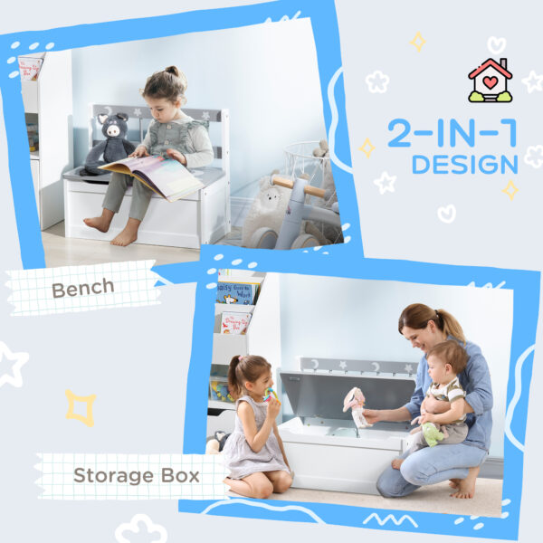 ZONEKIZ 2-IN-1 Wooden Toy Box, Kids Storage Bench Toy Chest with Safety Pneumatic Rod, Star & Moon Pattern, Grey   Aosom UK - Image 4