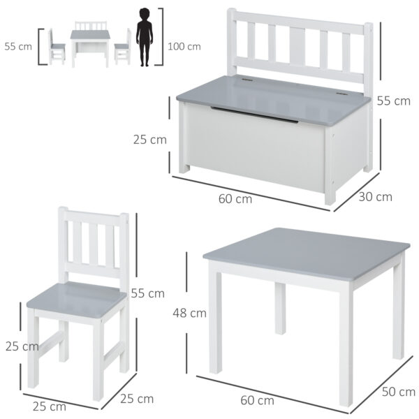 HOMCOM 4-Piece Kids Table Set with 2 Wooden Chairs, 1 Storage Bench, and Interesting Modern Design, Grey/White - Image 3