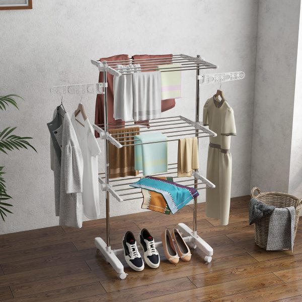 HOMCOM 3 Tier Clothes Airer with Wheels and Wings, Dry Soon Airer with Stainless Steel, Easy Assembly Indoor and Outdoor, White & Silver   Aosom UK - Image 2