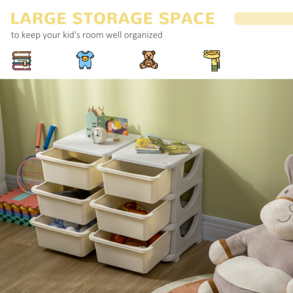 ZONEKIZ Kids Storage Units w/ 6 Drawers, 3 Tier Kids Toy Storage Organizer, Vertical Dresser Tower for Nursery Playroom Kindergarten, Cream   Aosom UK - Image 4