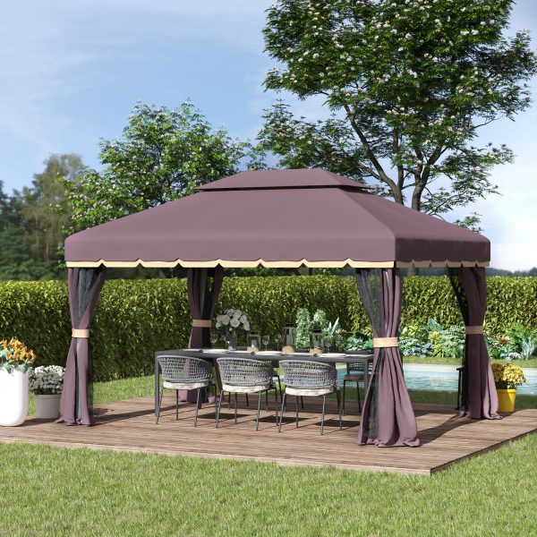 Outsunny 3 x 4m Aluminium Alloy Gazebo Marquee Canopy Pavilion Patio Garden Party Tent Shelter with Nets and Sidewalls - Coffee - Image 2