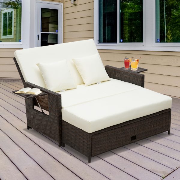 Outsunny 2 Seater Assembled Garden Patio Outdoor Rattan Furniture Sofa Sun Lounger Daybed with Fire Retardant Sponge - Brown   Aosom UK - Image 2