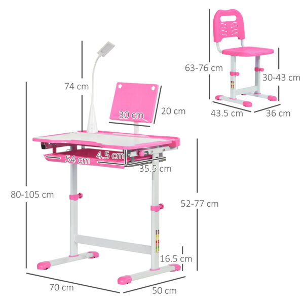 HOMCOM Kids Desk and Chair Set, Height Adjustable Study Desk with USB Lamp, Storage Drawer for Study, Pink and White - Image 3