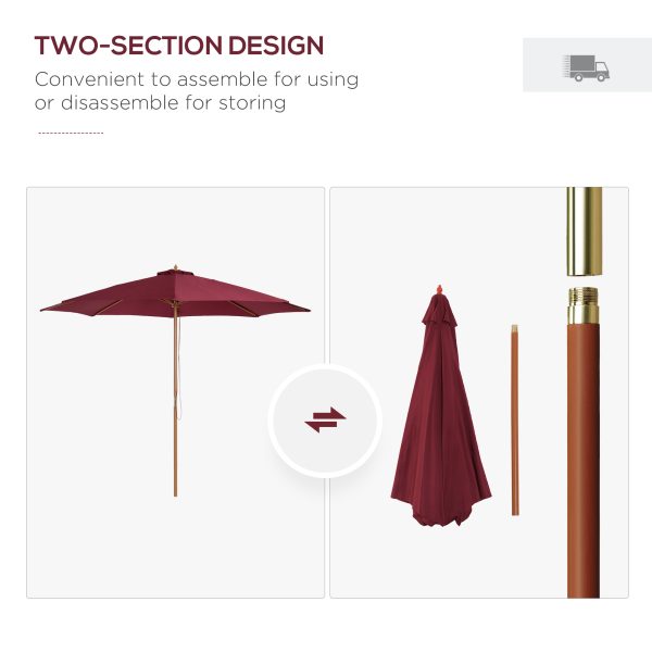 Outsunny ⌀3m Bamboo Wooden Market Patio Umbrella Garden Parasol Outdoor Sunshade Canopy, 8-ribs,Wine Red - Image 7