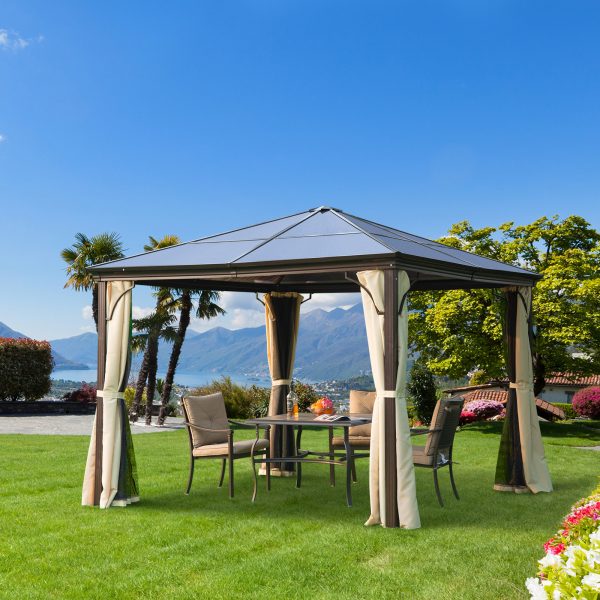 Outsunny 3 x 3(m) Hardtop Gazebo Canopy with Polycarbonate Roof and Aluminium Frame, Garden Pavilion with Mosquito Netting and Curtains, Brown - Image 2