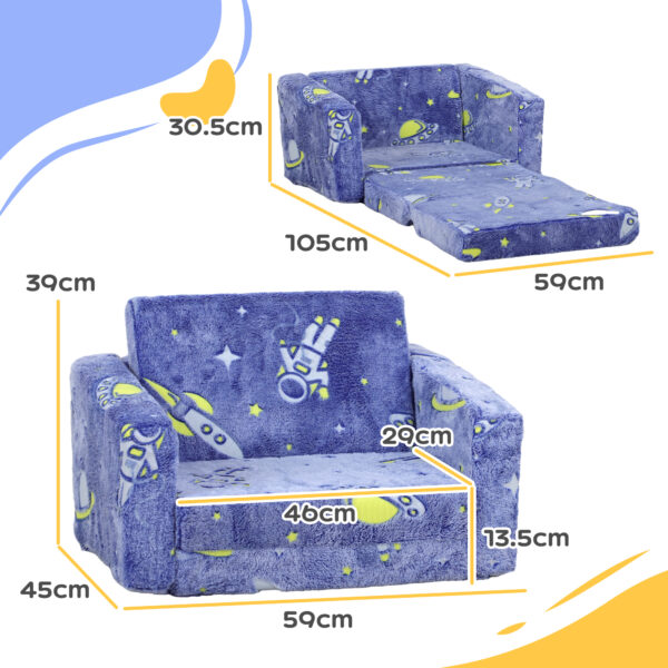 AIYAPLAY Childrens Sofa Beds 2 in 1 Kids Foldable Chair Bed with Glow in The Dark Cosmic Design, Washable Cushion and Cover, Blue   Aosom UK - Image 3