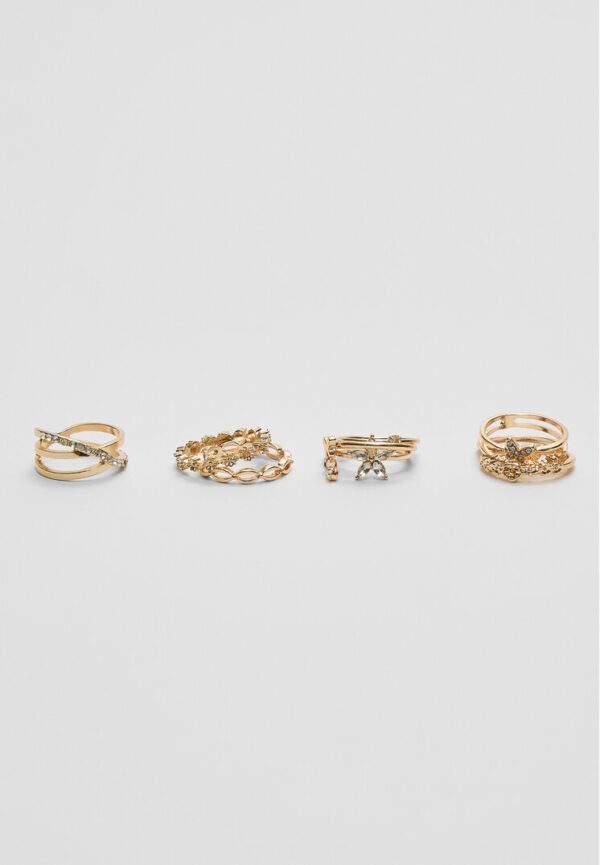 Stradivarius Set of 9 butterfly and rhinestone rings  Gold OS - Image 2