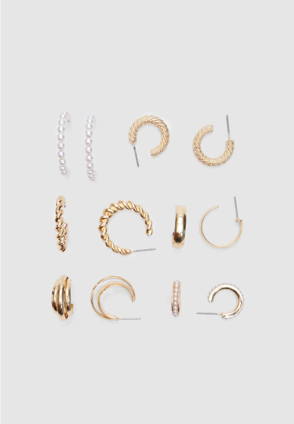 Stradivarius Set of 6 pairs of pearl bead hoop earrings  Gold OS