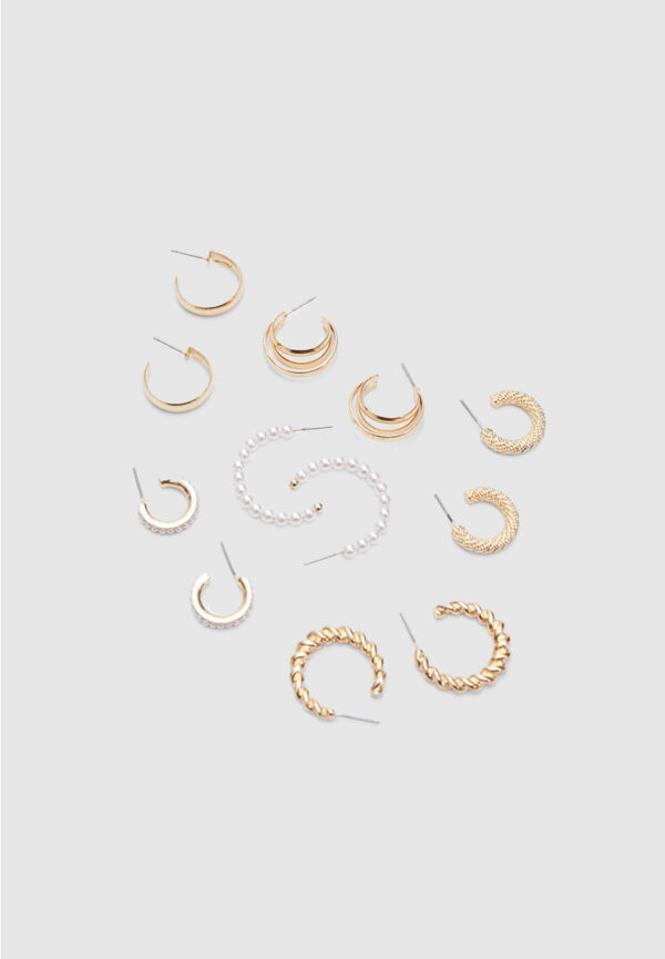 Stradivarius Set of 6 pairs of pearl bead hoop earrings  Gold OS - Image 2