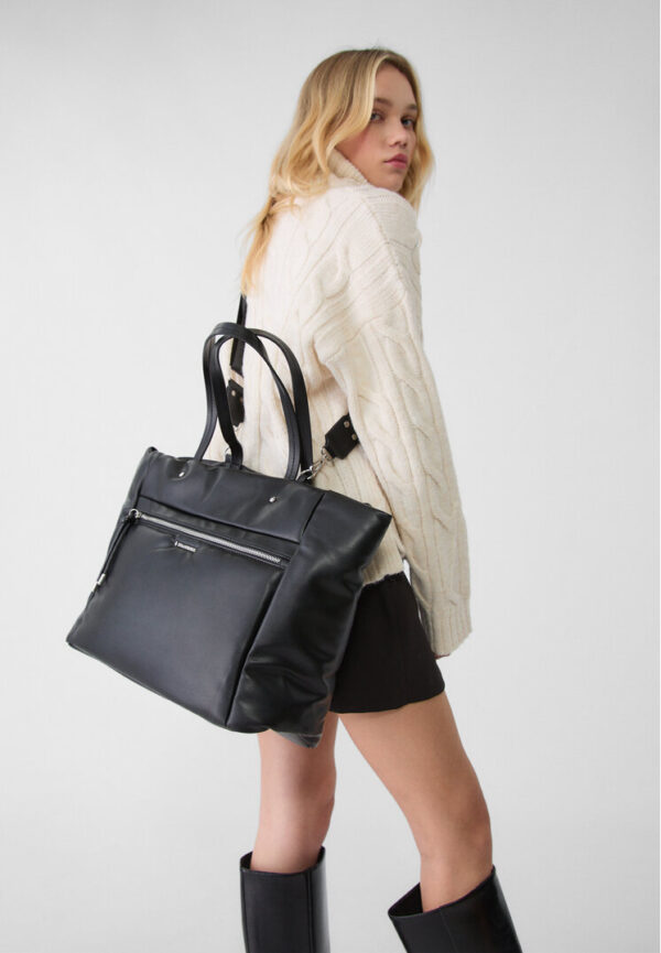 Stradivarius Leather effect shopper bag with zip  Black OS - Image 3