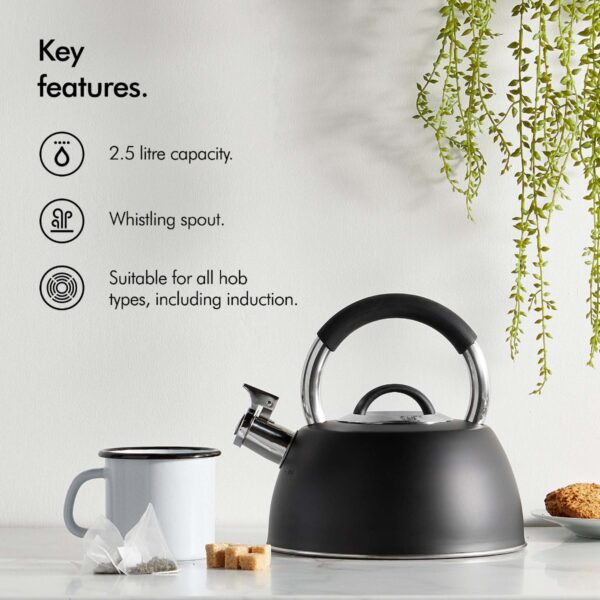 Black Stainless Steel Whistling Stove Top Kettle - 2.5L - Image 2