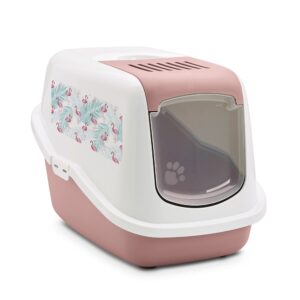 Savic Nestor Cat Litter Tray with Flamingo Design - Starter Set: Flamingo Litter Tray + 2 extra Filters + 12 Bags