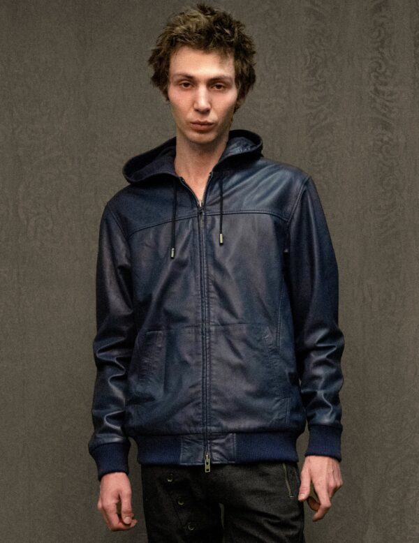 IMMORTAL Navy Leather Hooded Jacket | Size: S