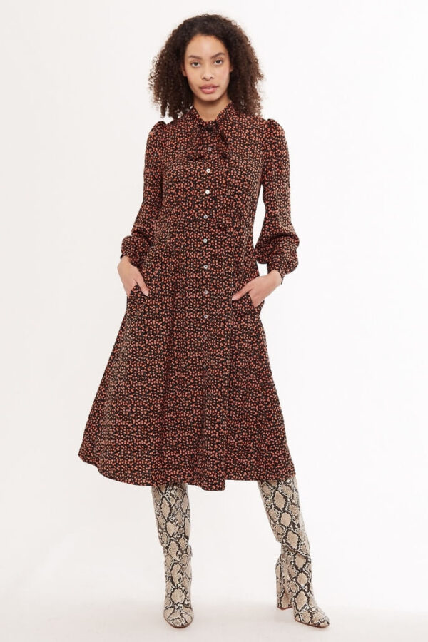 Louche Zuri Piccola Flower Print Tie Neck Long Sleeve Midi Dress