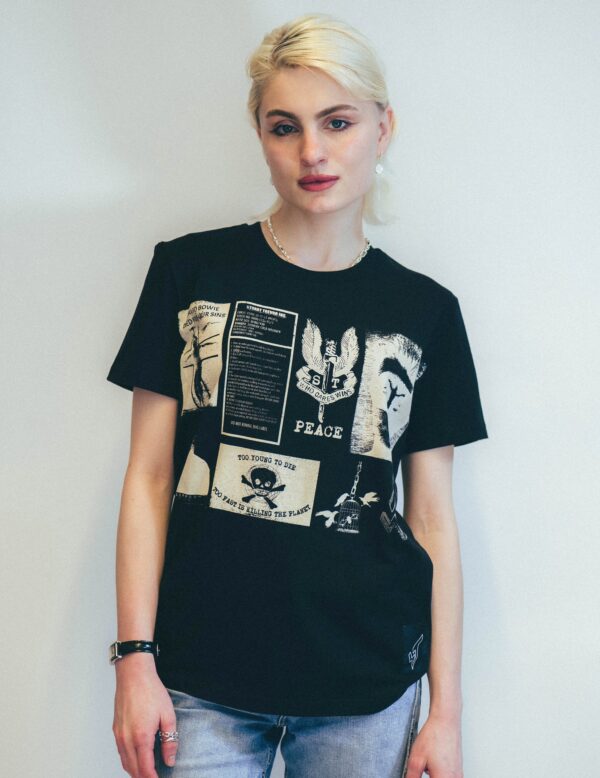 Bowie inspired T-Shirt with Printed Patches in Black | Size: M