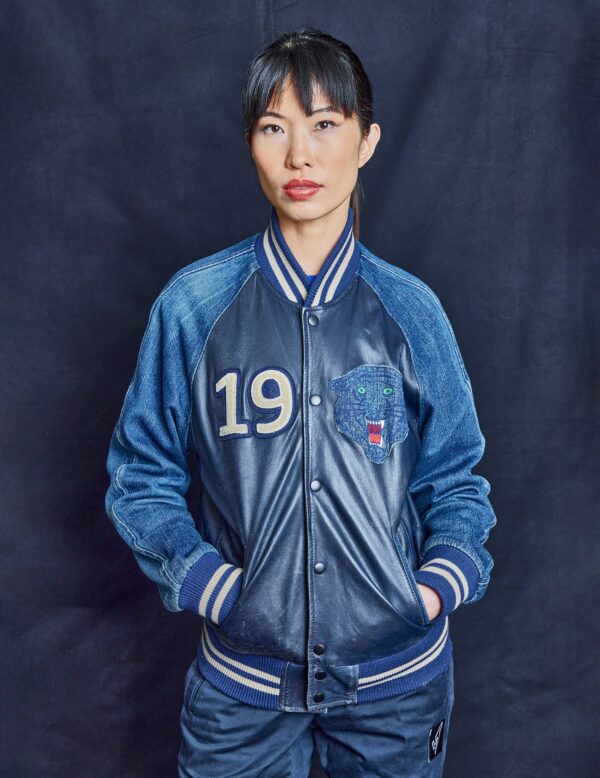 Bowie Denim and Leather Varsity Bomber Jacket | Size: M