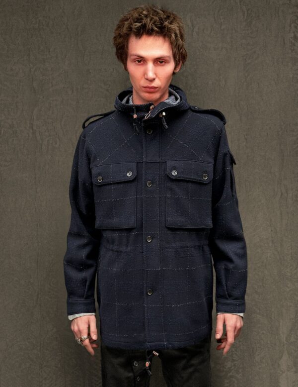 IMMORTAL Windowpane Check Woollen Parka in Navy | Size: L