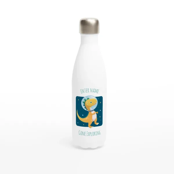 Personalisable White 17oz Stainless Steel Water Bottle - Cute Spacewalk Dinosaur