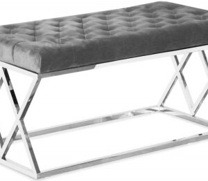 Houston Grey Plush Velvet and Chrome Bench