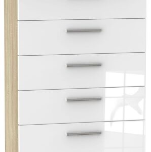 Knightsbridge White Gloss and Oak Effect 5 Drawer Chest