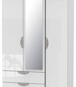 Camden White Gloss 3 Door Combi Wardrobe - 1 Mirror and LHF 2 Drawers