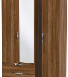 Camden Walnut Effect 3 Door Tall Combi Wardrobe - 1 Mirror and LHF 2 Drawers
