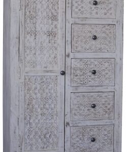 Dehradun White Washed Carved Mango Wood Cabinet