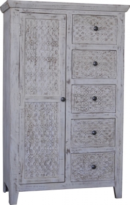 Dehradun White Washed Carved Mango Wood Cabinet
