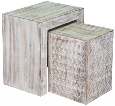 Dehradun White Washed Carved Mango Wood Nest of 2 Tables