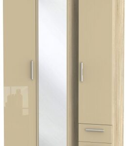 Knightsbridge Mushroom and Oak Effect 3 Door Tall Combi Wardrobe - 1 Mirror and RHF 2 Drawers